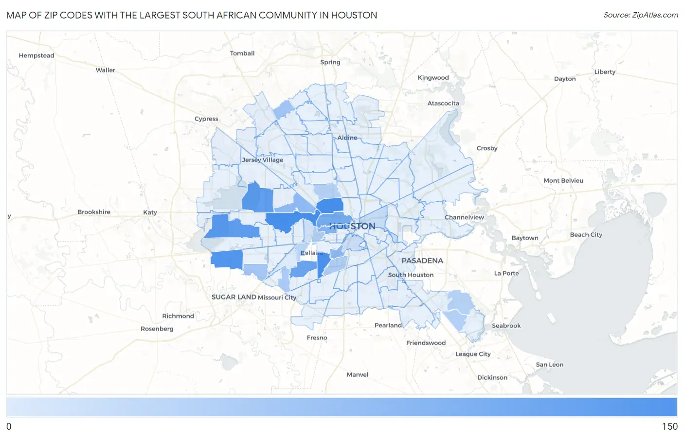 Zip Codes with the Largest South African Community in Houston Map