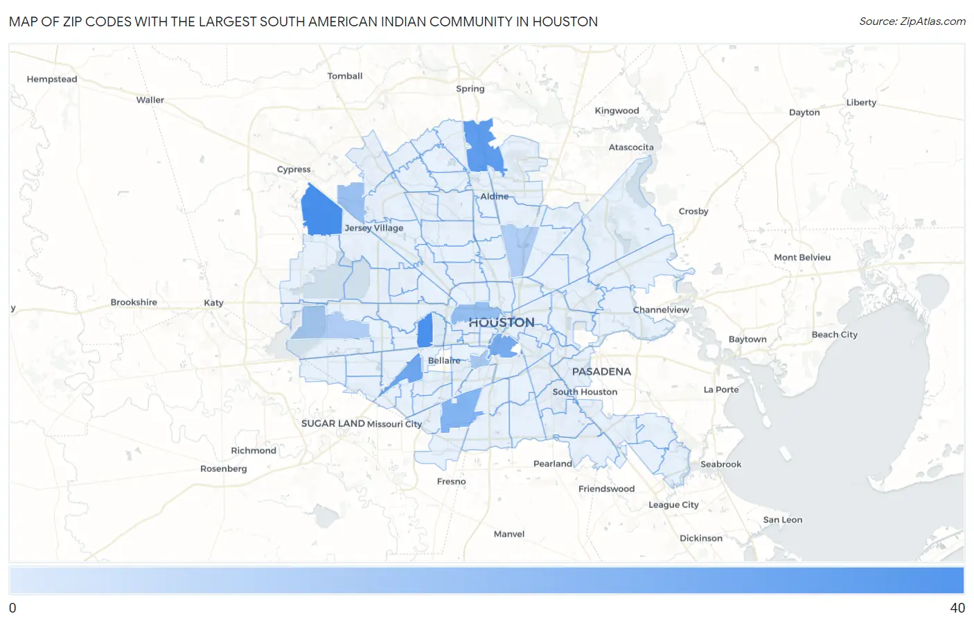 Zip Codes with the Largest South American Indian Community in Houston Map