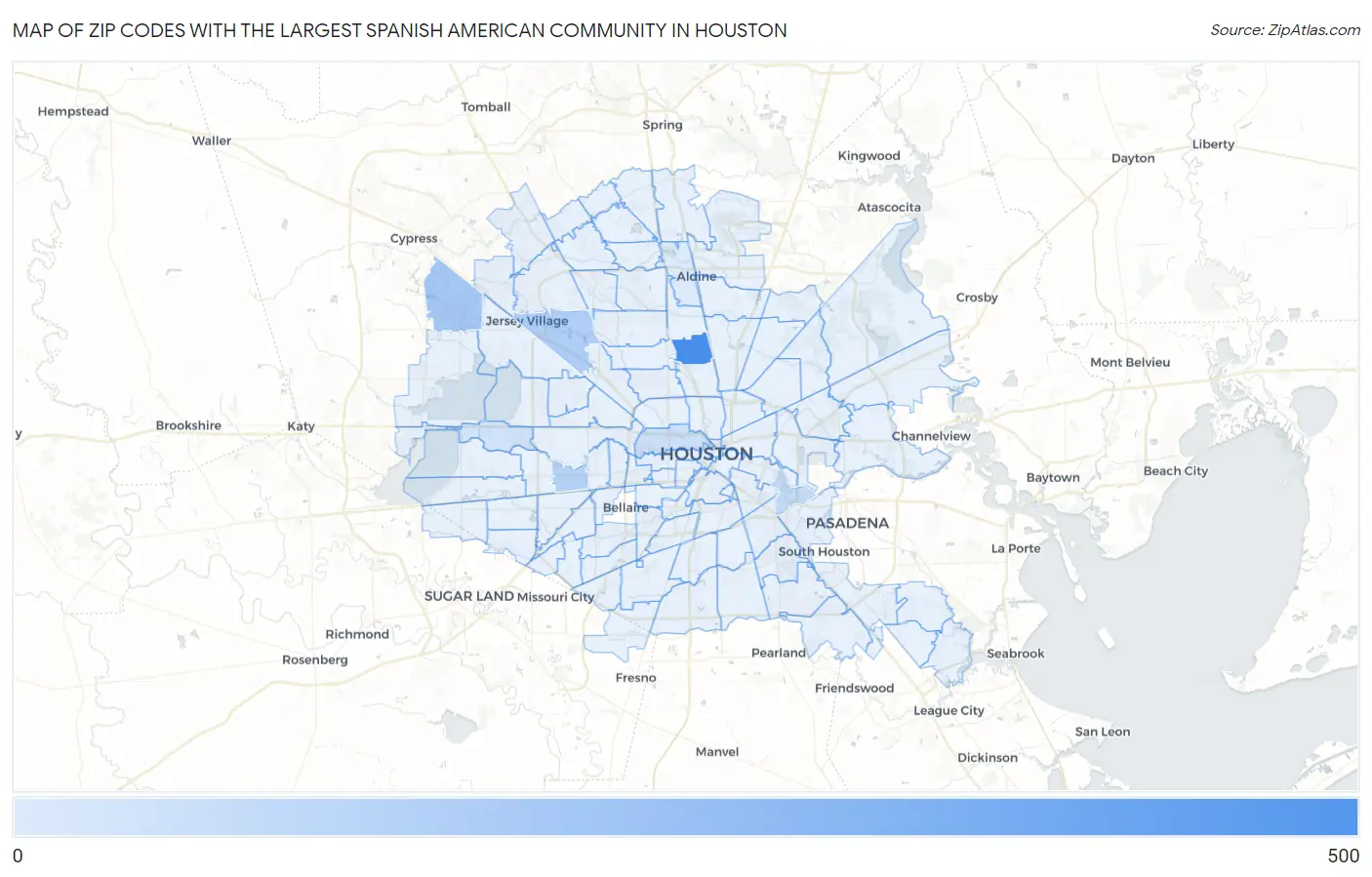 Zip Codes with the Largest Spanish American Community in Houston Map