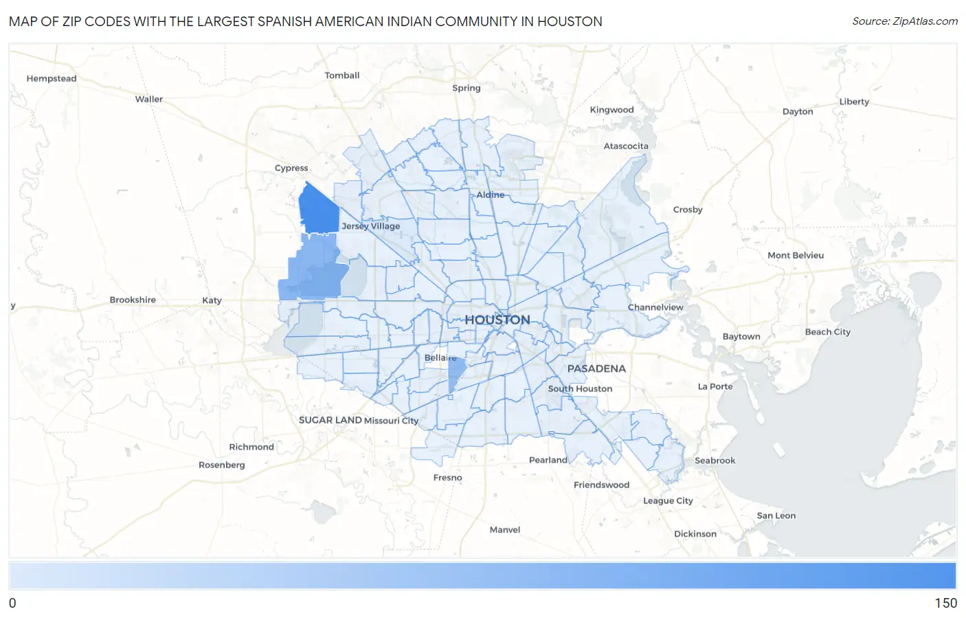 Zip Codes with the Largest Spanish American Indian Community in Houston Map