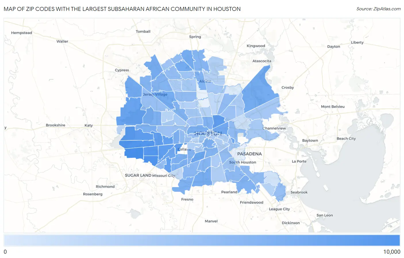 Zip Codes with the Largest Subsaharan African Community in Houston Map