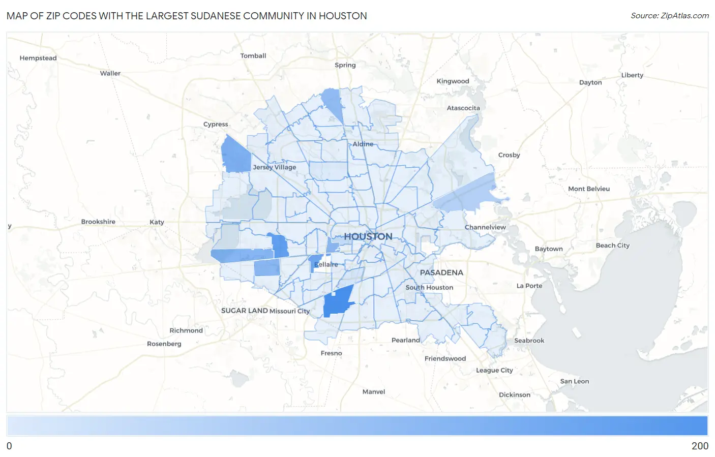 Zip Codes with the Largest Sudanese Community in Houston Map
