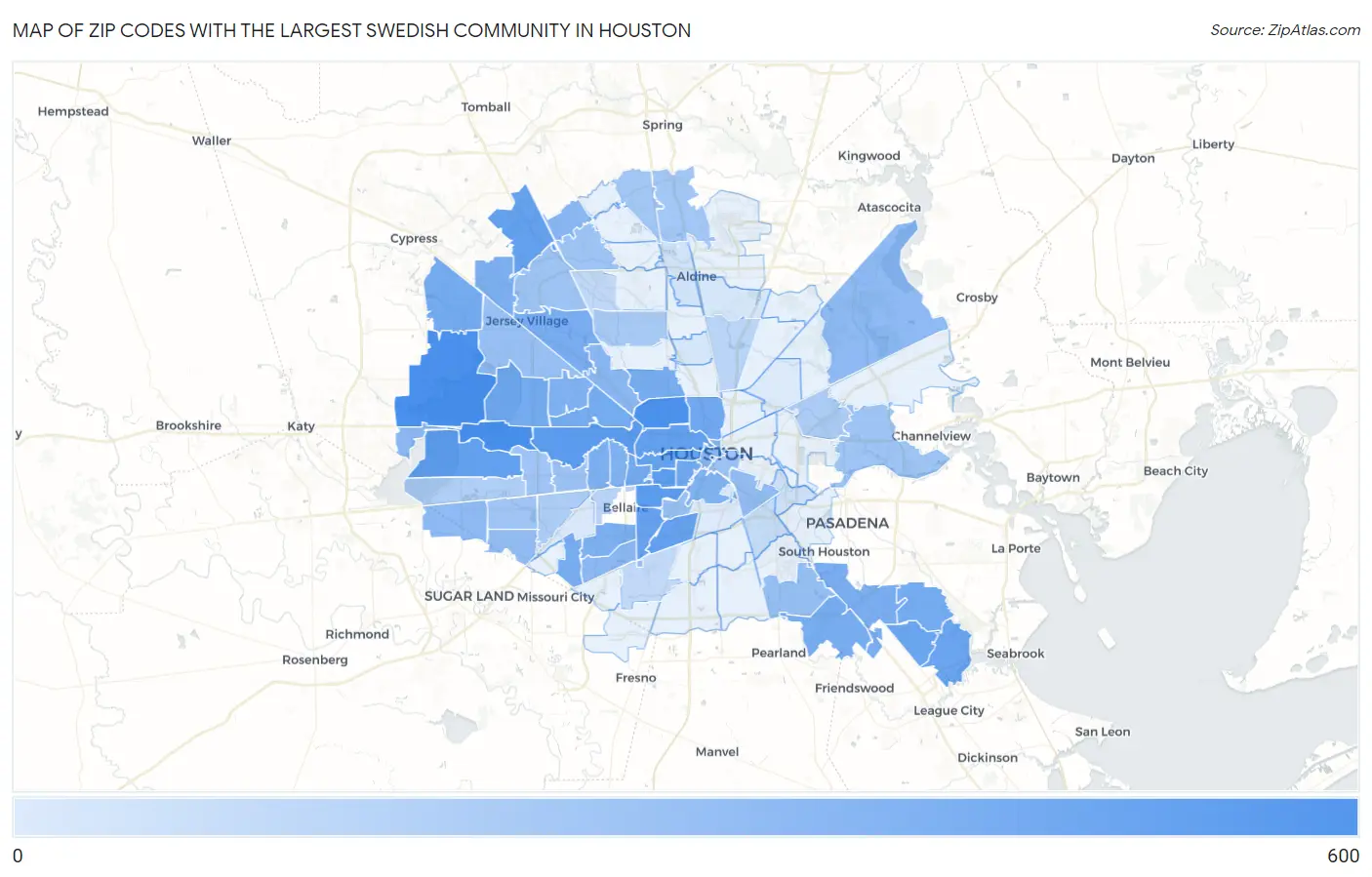 Zip Codes with the Largest Swedish Community in Houston Map