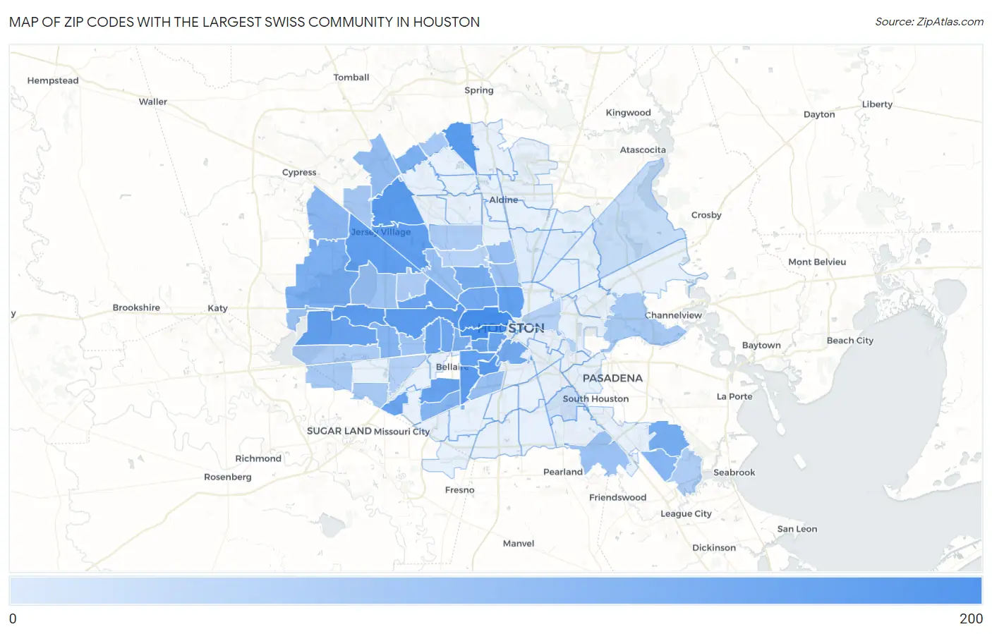 Zip Codes with the Largest Swiss Community in Houston Map