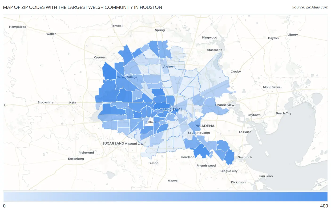 Zip Codes with the Largest Welsh Community in Houston Map