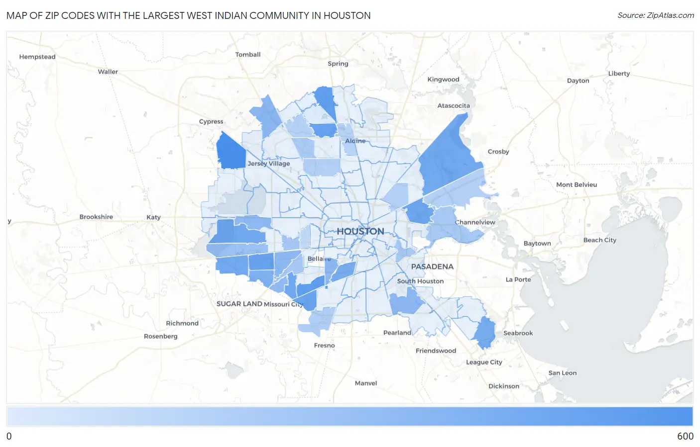 Zip Codes with the Largest West Indian Community in Houston Map