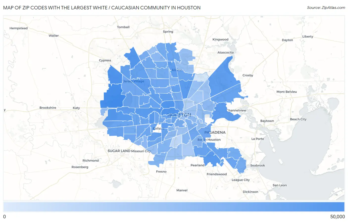 Zip Codes with the Largest White / Caucasian Community in Houston Map
