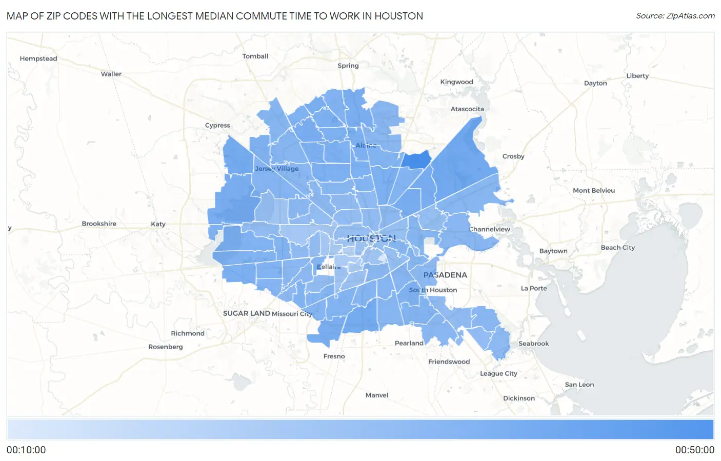Zip Codes with the Longest Median Commute Time to Work in Houston Map