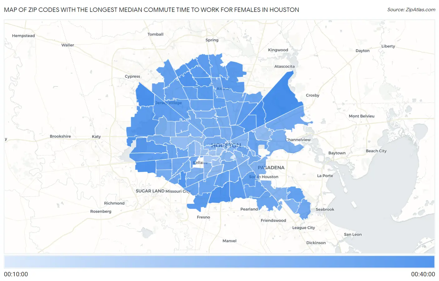 Zip Codes with the Longest Median Commute Time to Work for Females in Houston Map
