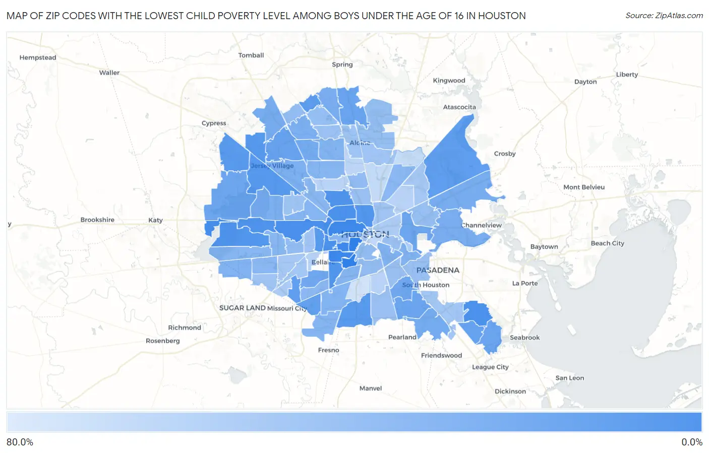 Zip Codes with the Lowest Child Poverty Level Among Boys Under the Age of 16 in Houston Map