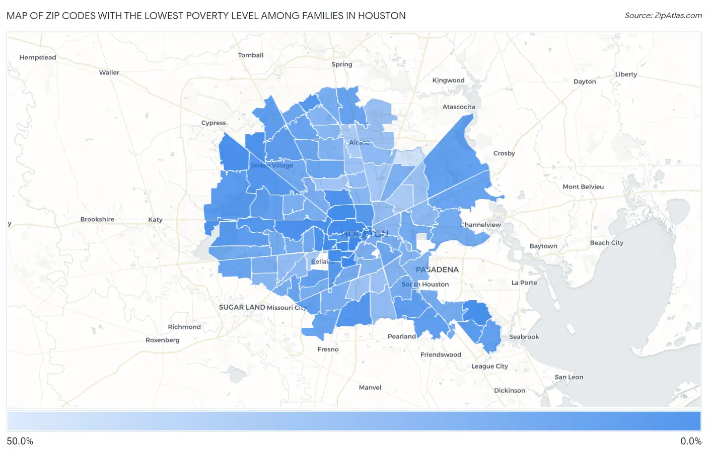 Zip Codes with the Lowest Poverty Level Among Families in Houston Map