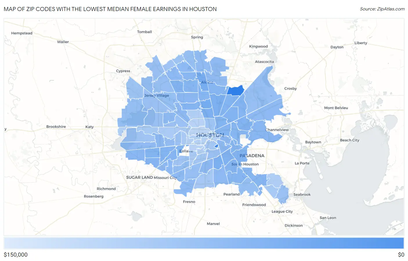 Zip Codes with the Lowest Median Female Earnings in Houston Map