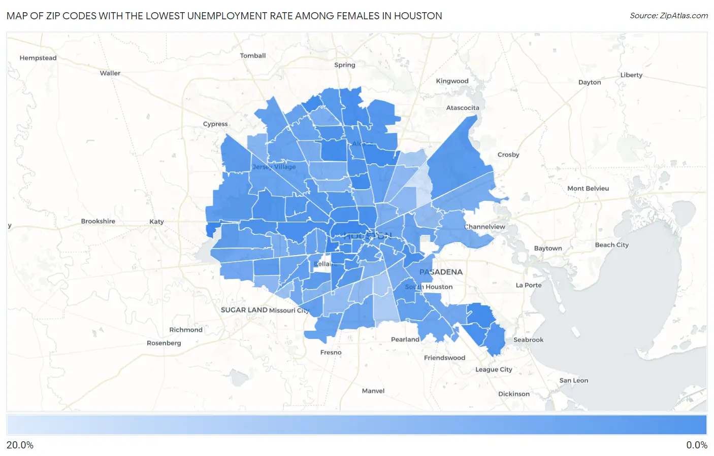 Zip Codes with the Lowest Unemployment Rate Among Females in Houston Map