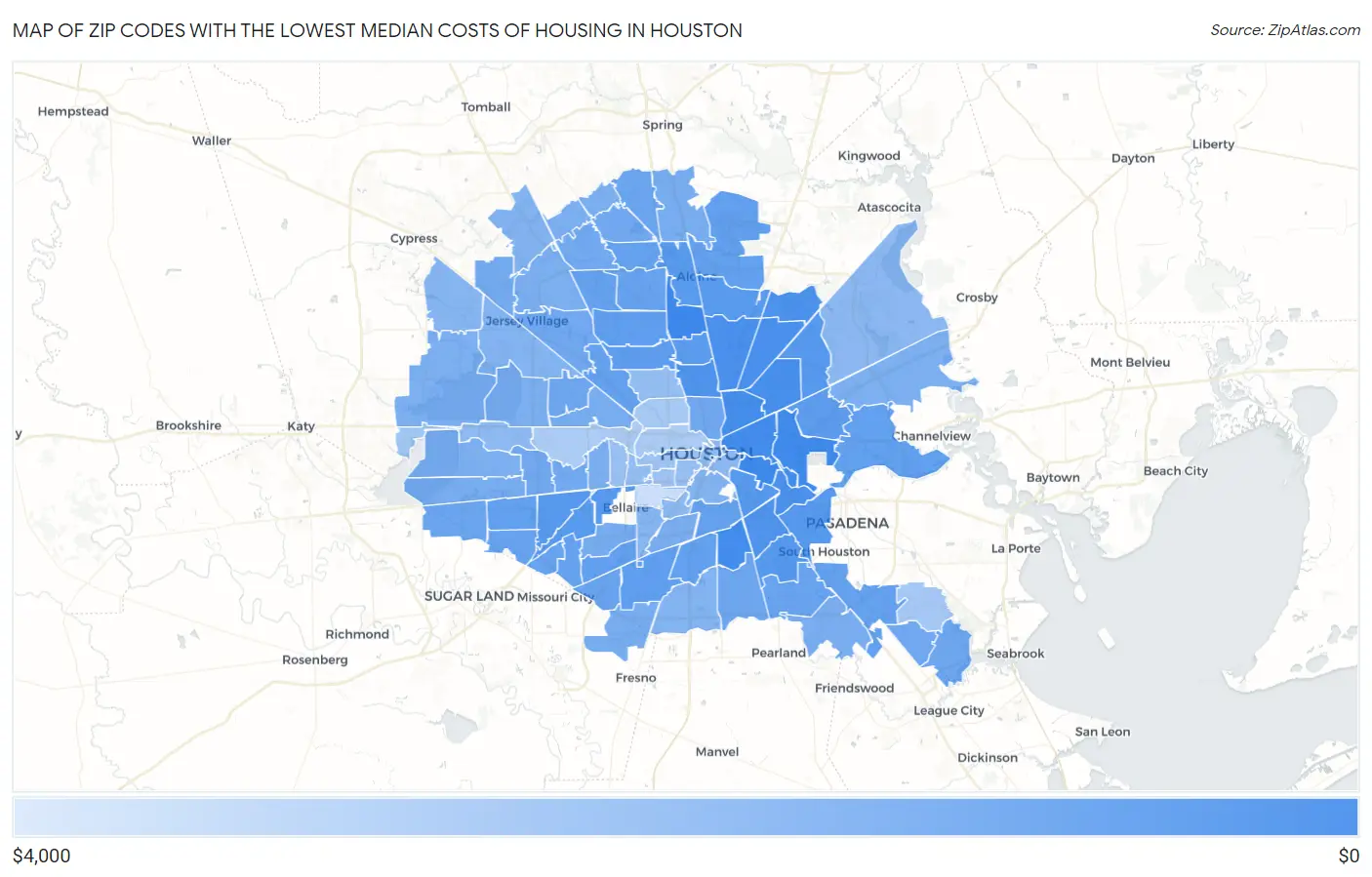 Zip Codes with the Lowest Median Costs of Housing in Houston Map