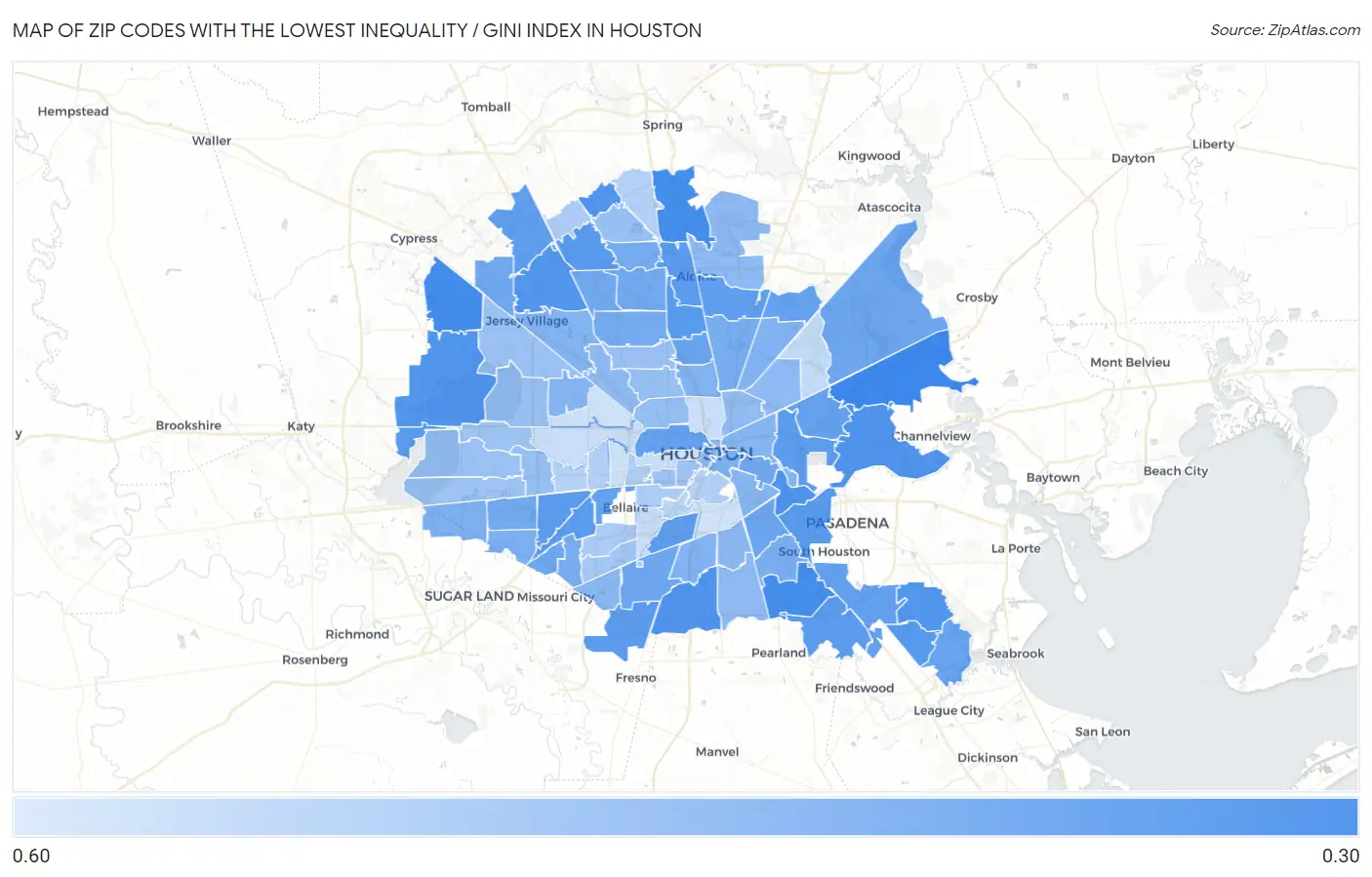 Zip Codes with the Lowest Inequality / Gini Index in Houston Map