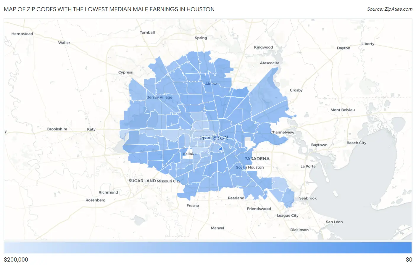 Zip Codes with the Lowest Median Male Earnings in Houston Map