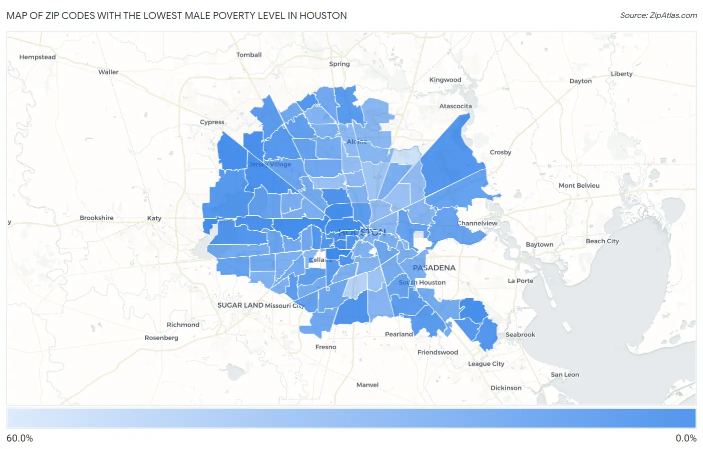 Zip Codes with the Lowest Male Poverty Level in Houston Map