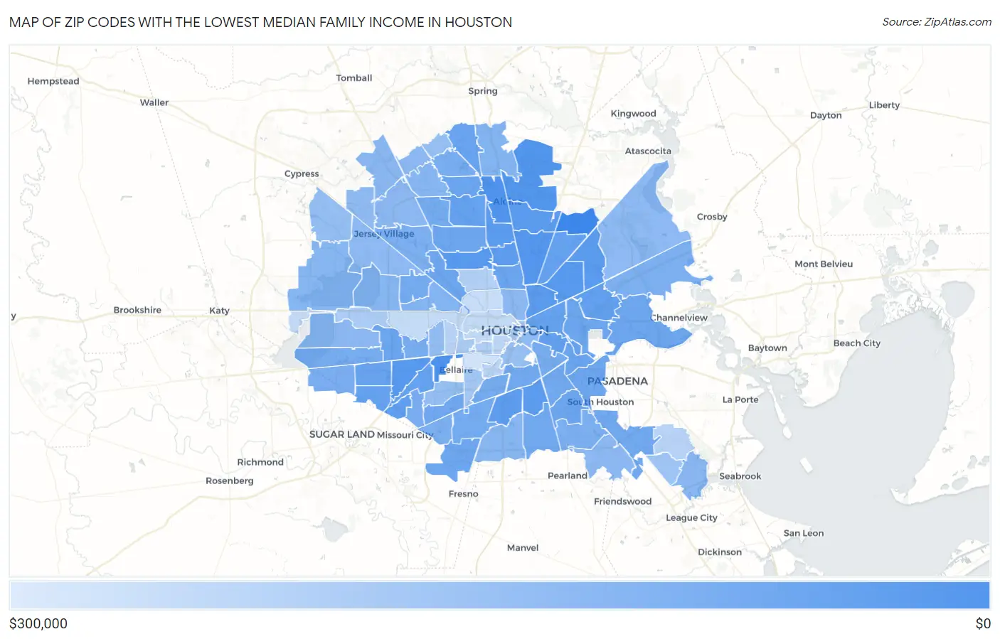 Zip Codes with the Lowest Median Family Income in Houston Map