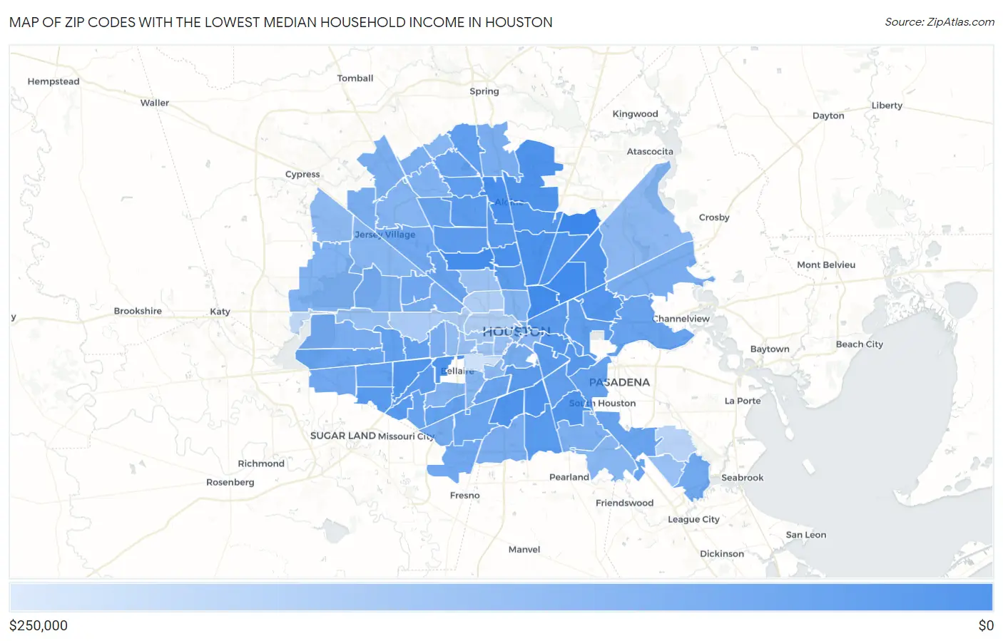 Zip Codes with the Lowest Median Household Income in Houston Map