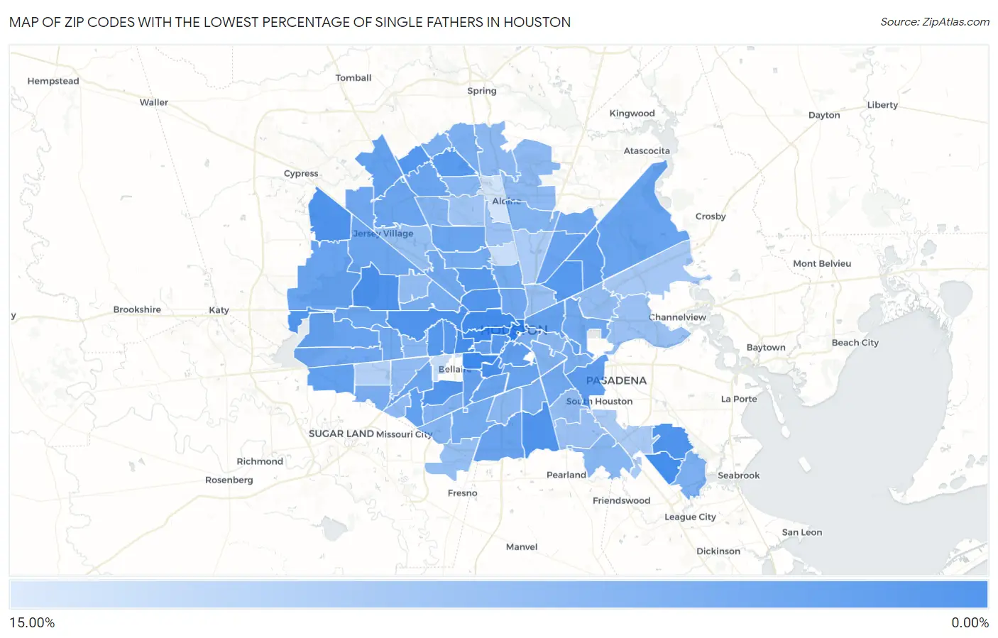 Zip Codes with the Lowest Percentage of Single Fathers in Houston Map