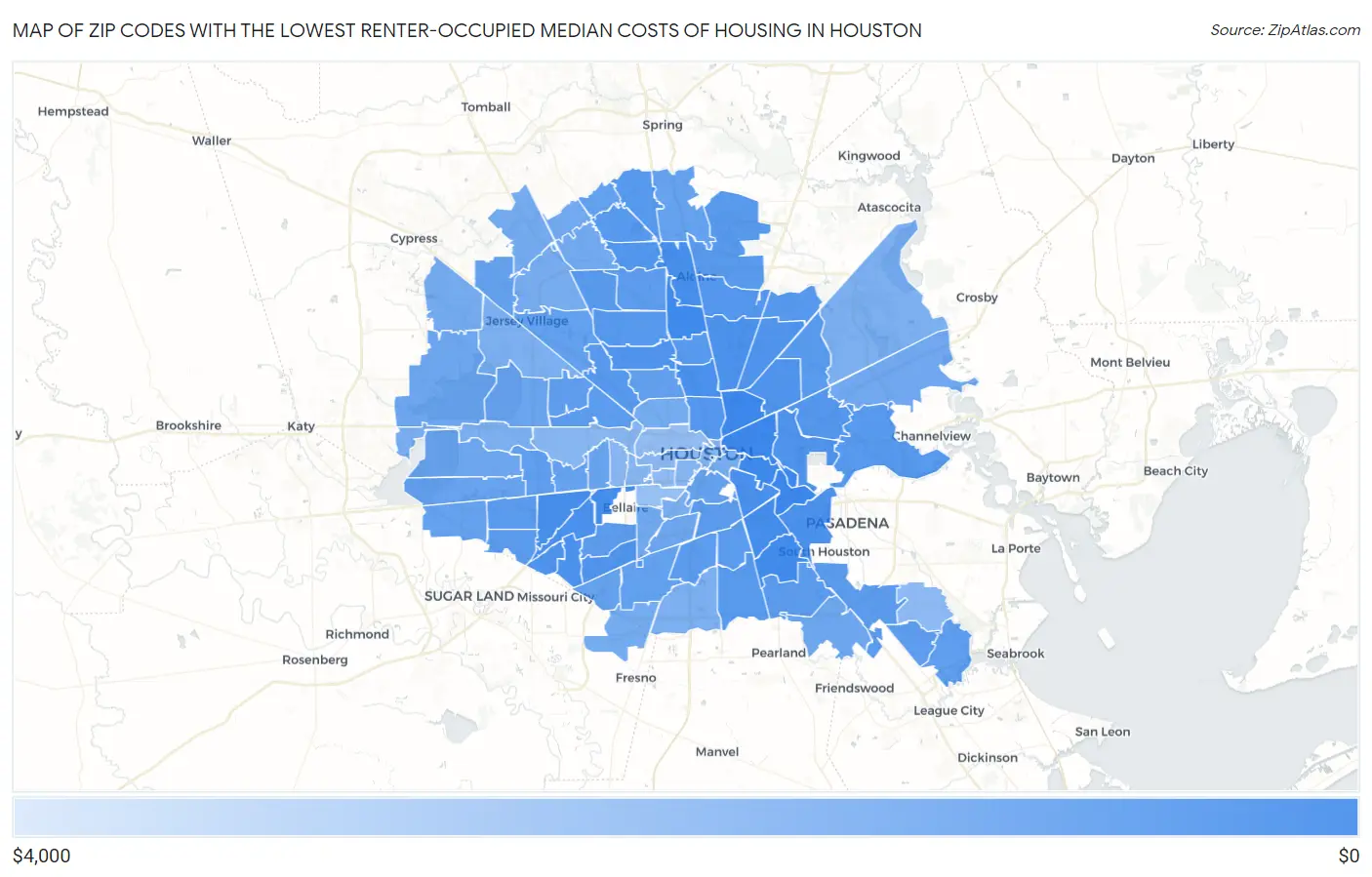 Zip Codes with the Lowest Renter-Occupied Median Costs of Housing in Houston Map