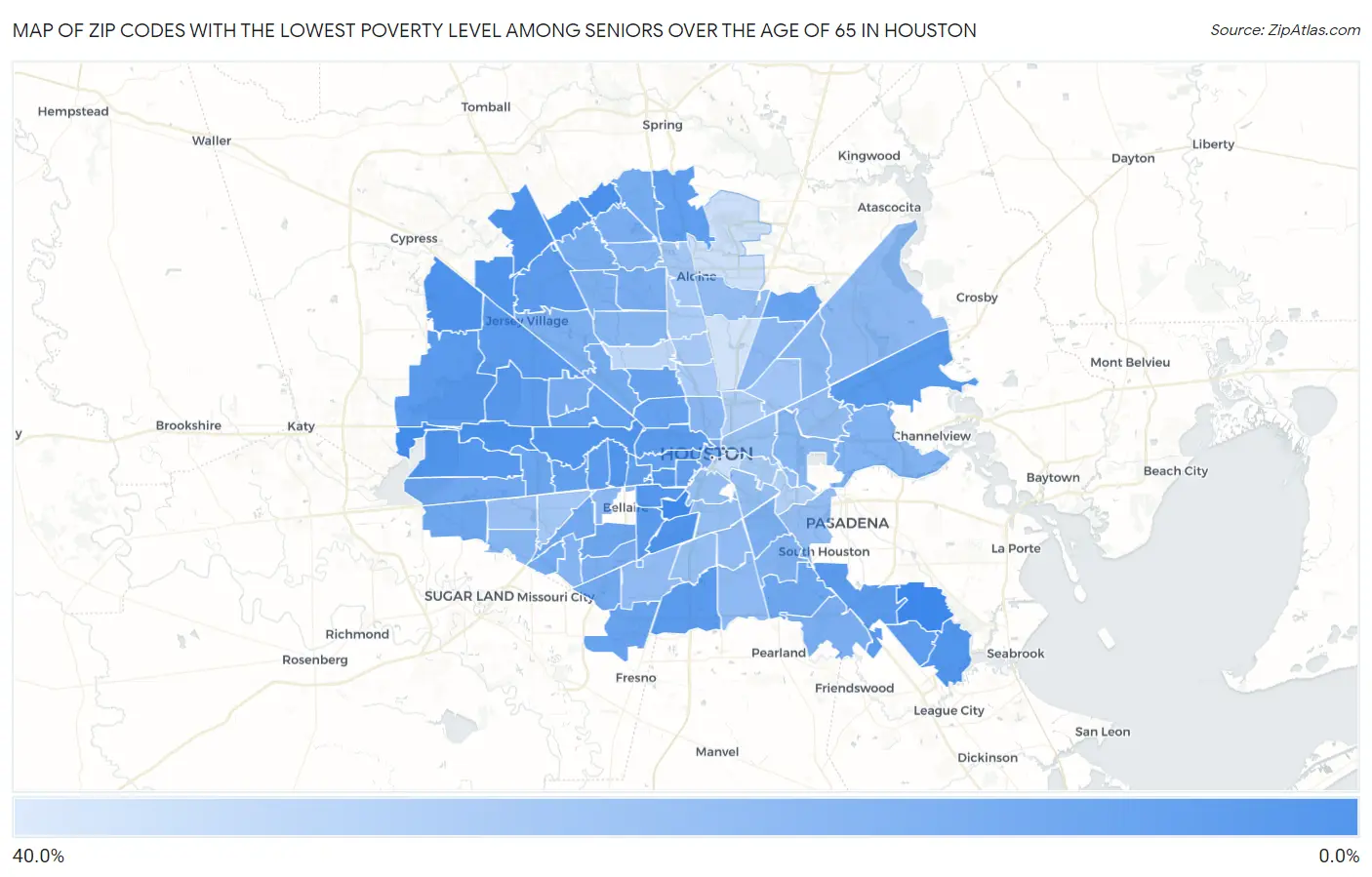 Zip Codes with the Lowest Poverty Level Among Seniors Over the Age of 65 in Houston Map