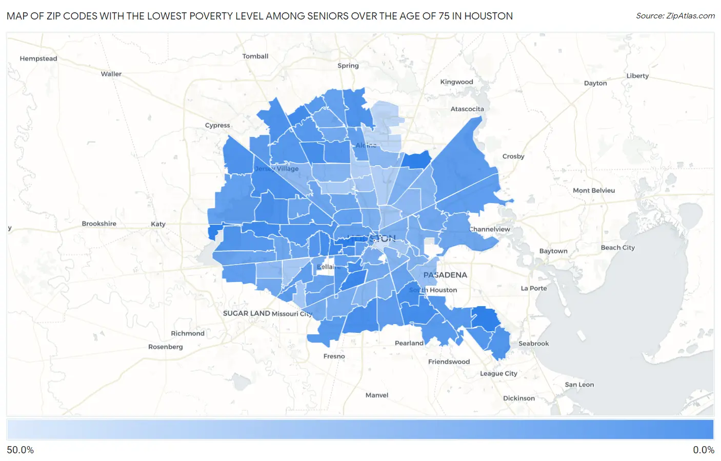 Zip Codes with the Lowest Poverty Level Among Seniors Over the Age of 75 in Houston Map