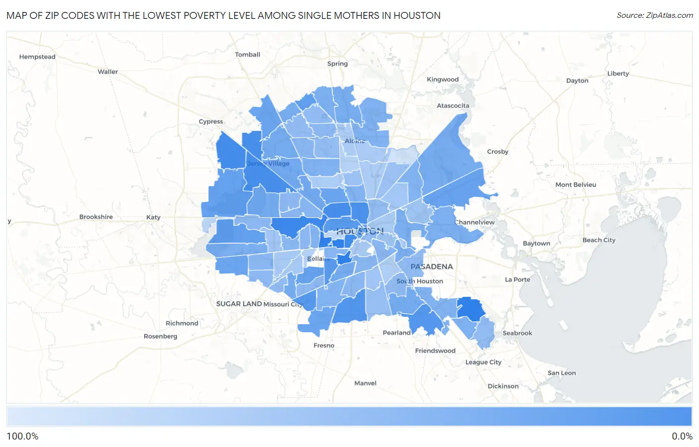 Zip Codes with the Lowest Poverty Level Among Single Mothers in Houston Map