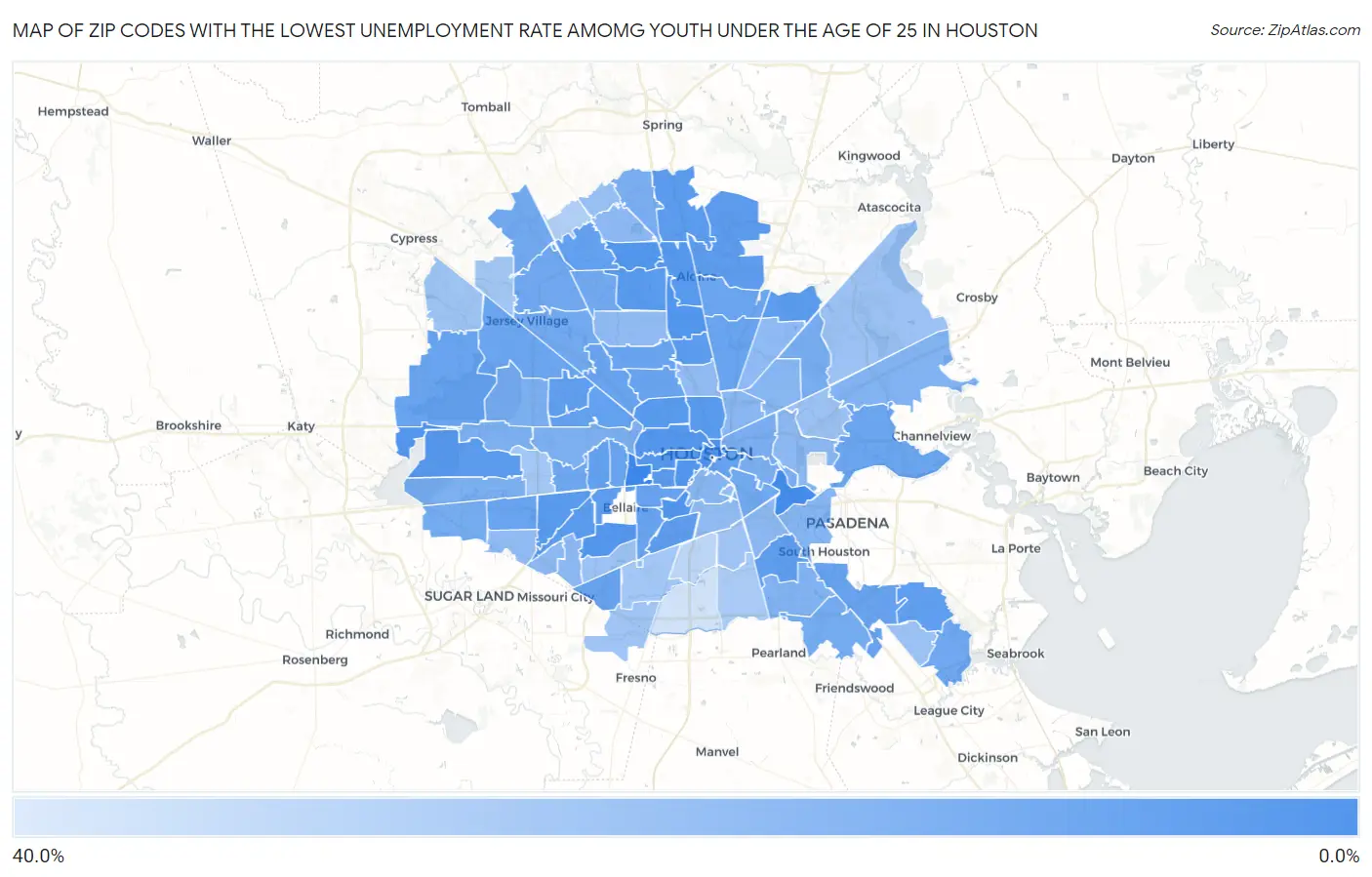 Zip Codes with the Lowest Unemployment Rate Amomg Youth Under the Age of 25 in Houston Map