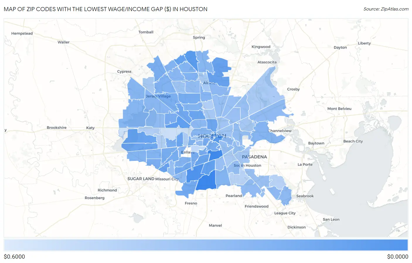 Zip Codes with the Lowest Wage/Income Gap ($) in Houston Map
