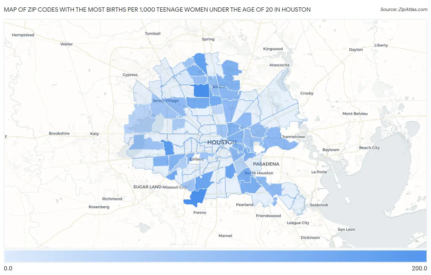 Zip Codes with the Most Births per 1,000 Teenage Women Under the Age of 20 in Houston Map