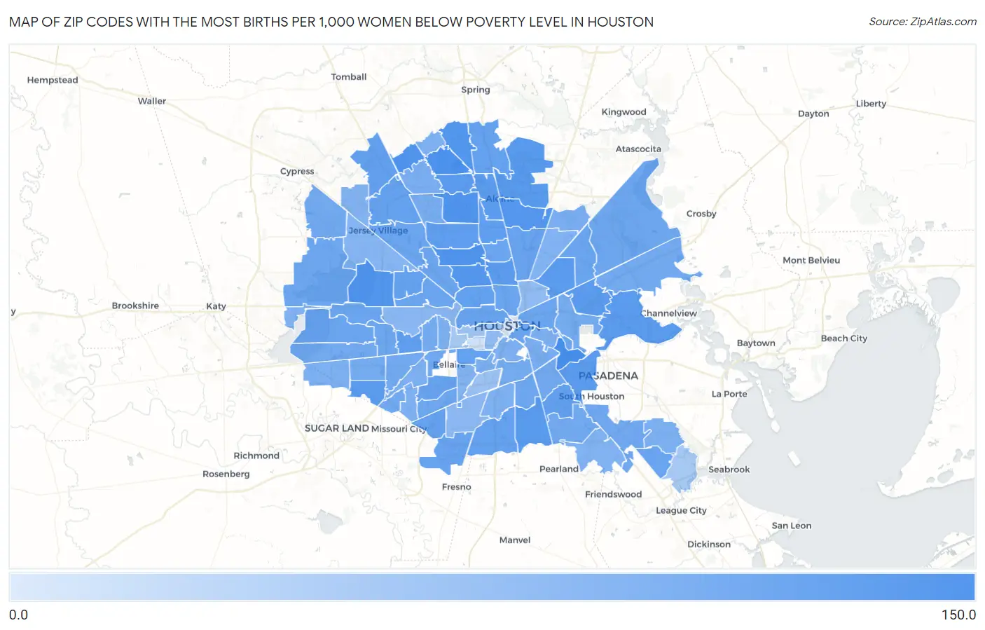 Zip Codes with the Most Births per 1,000 Women Below Poverty Level in Houston Map