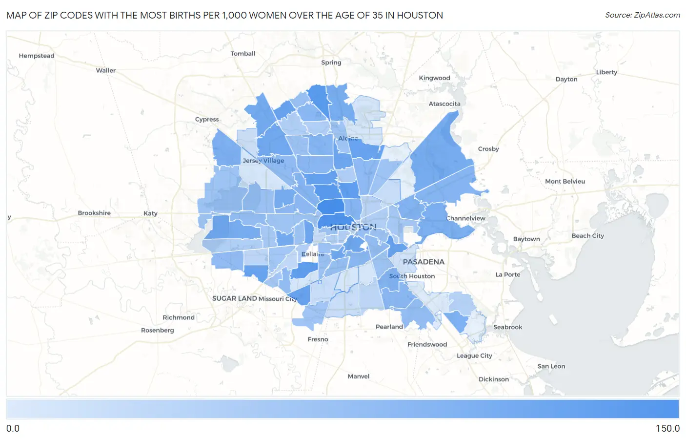Zip Codes with the Most Births per 1,000 Women Over the Age of 35 in Houston Map
