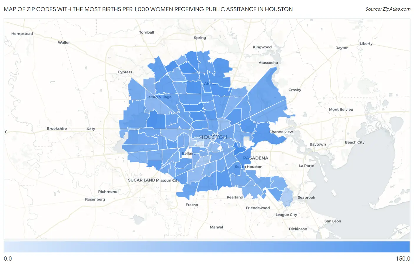 Zip Codes with the Most Births per 1,000 Women Receiving Public Assitance in Houston Map