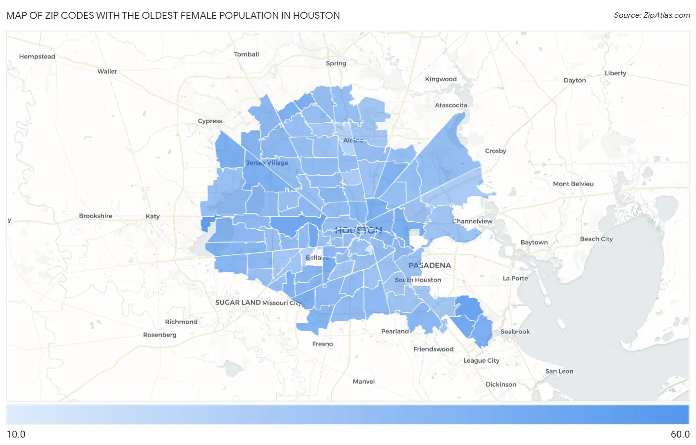Zip Codes with the Oldest Female Population in Houston Map