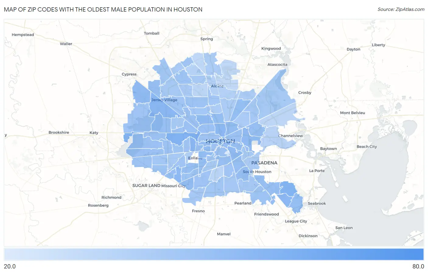 Zip Codes with the Oldest Male Population in Houston Map