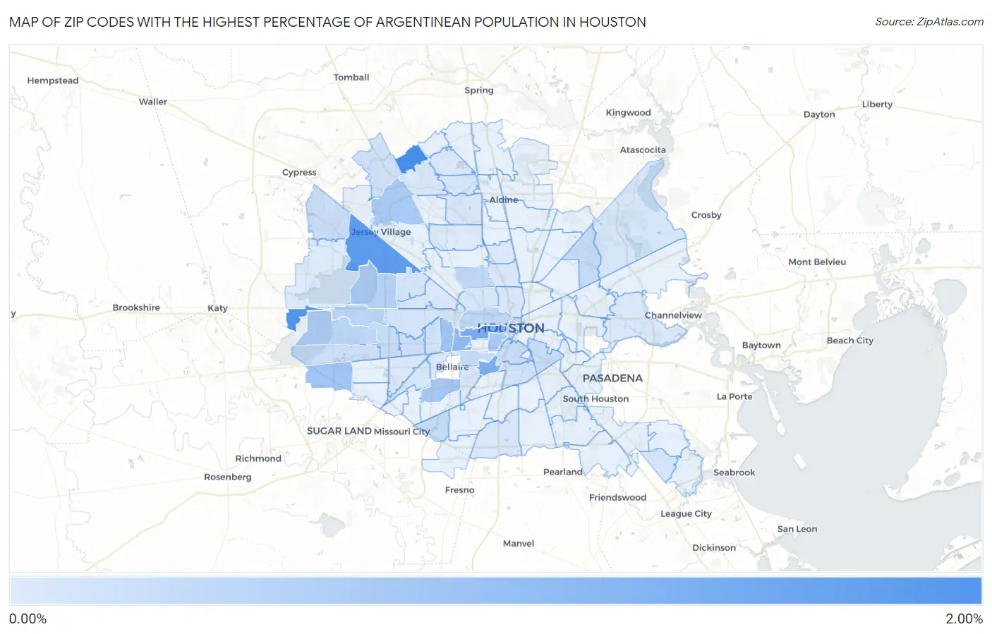 Zip Codes with the Highest Percentage of Argentinean Population in Houston Map