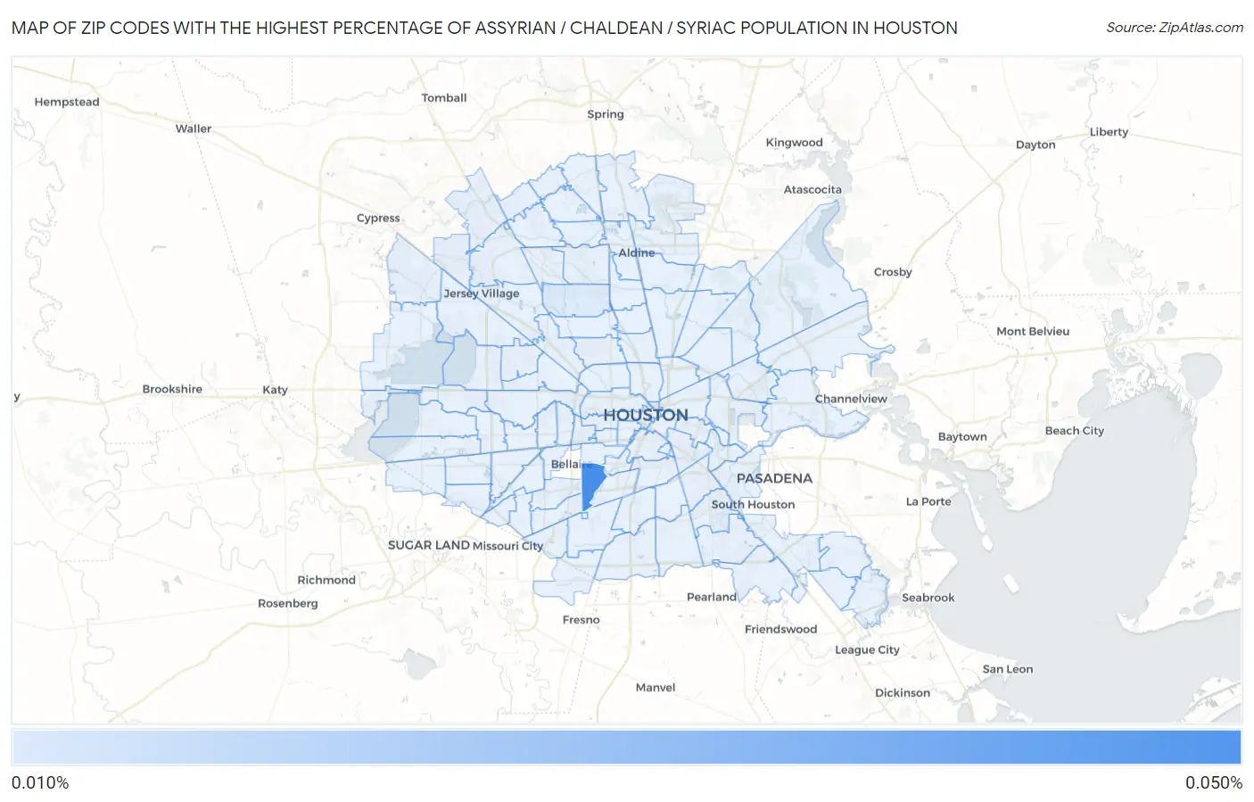 Zip Codes with the Highest Percentage of Assyrian / Chaldean / Syriac Population in Houston Map