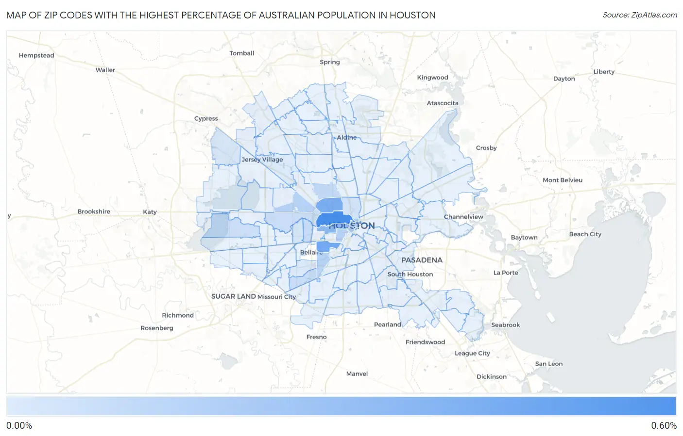 Zip Codes with the Highest Percentage of Australian Population in Houston Map
