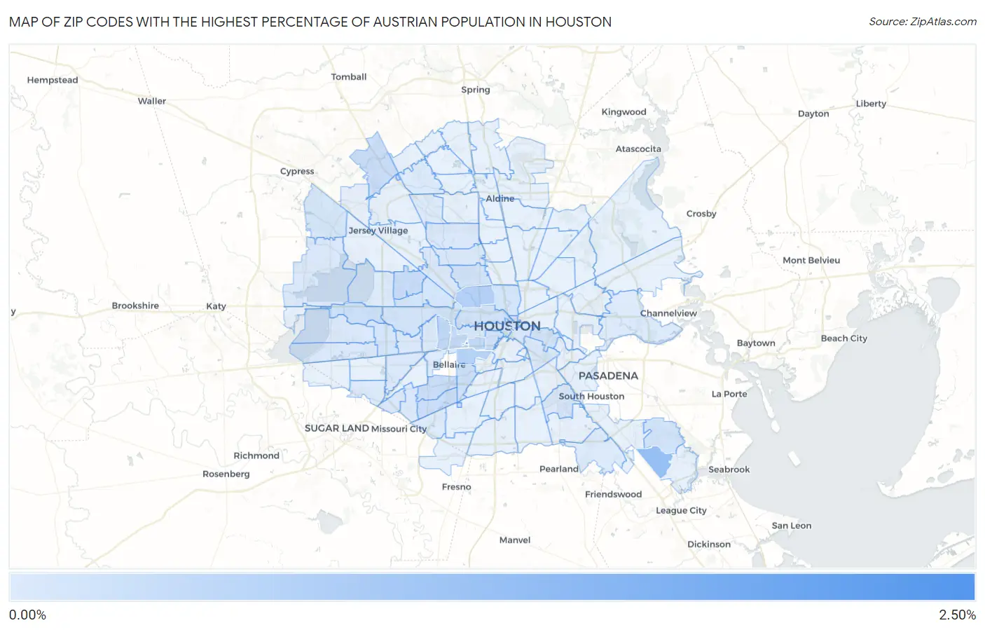 Zip Codes with the Highest Percentage of Austrian Population in Houston Map