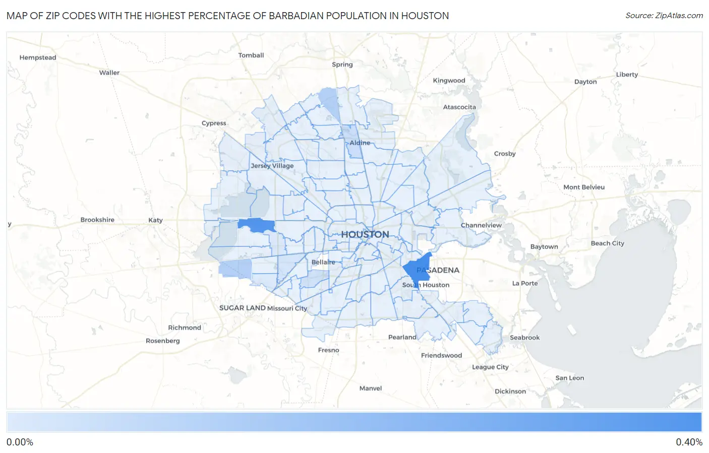Zip Codes with the Highest Percentage of Barbadian Population in Houston Map