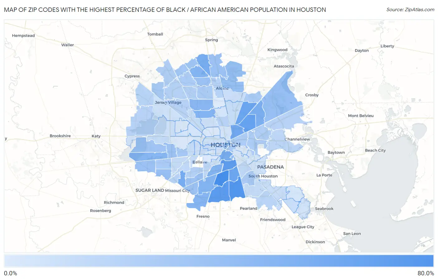 Zip Codes with the Highest Percentage of Black / African American Population in Houston Map
