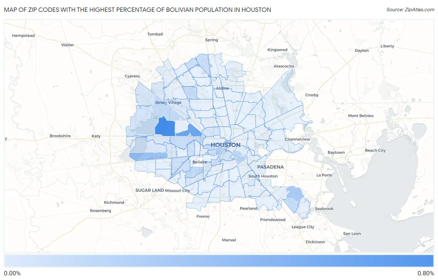 Zip Codes with the Highest Percentage of Bolivian Population in Houston Map