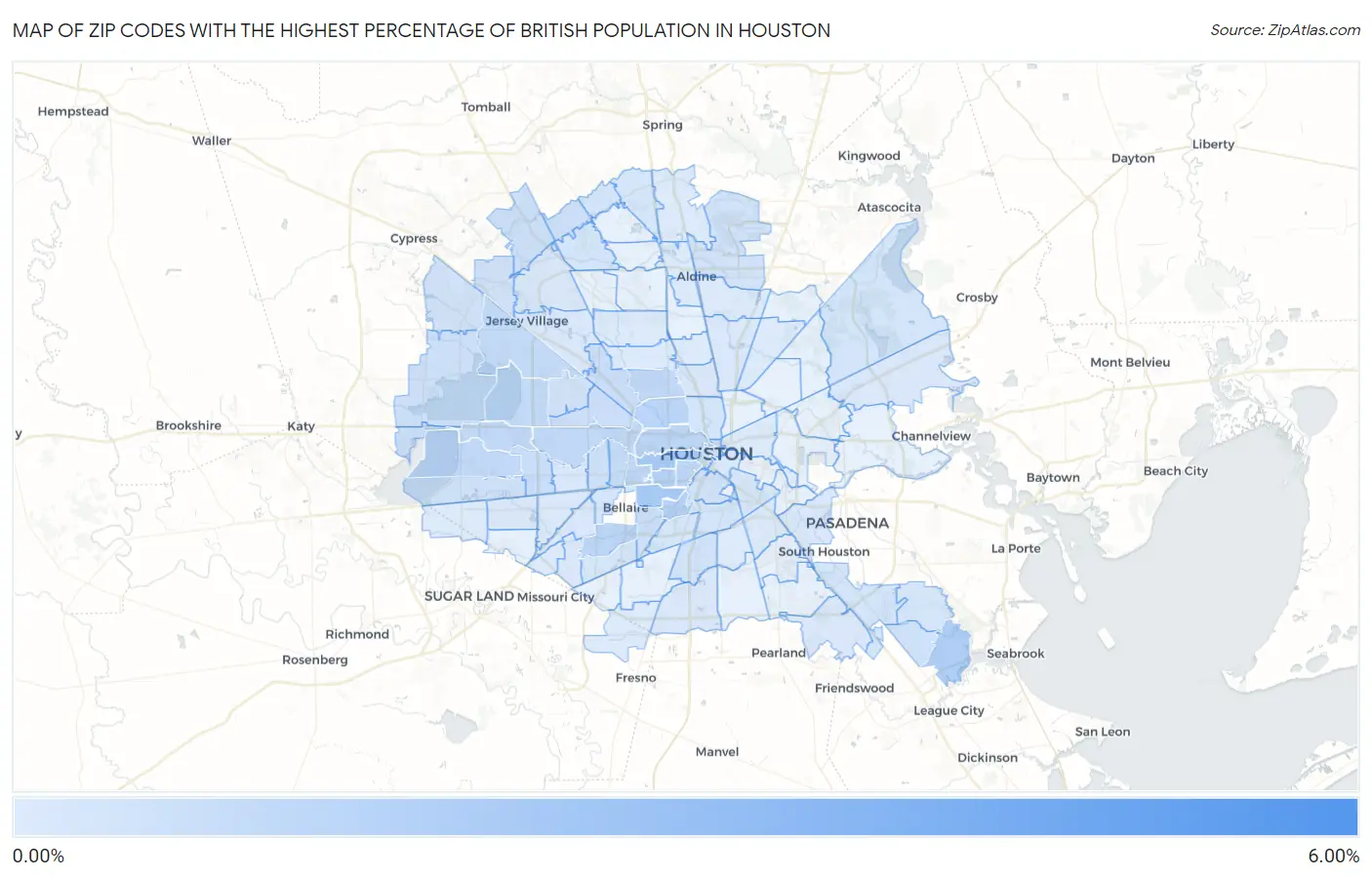 Zip Codes with the Highest Percentage of British Population in Houston Map
