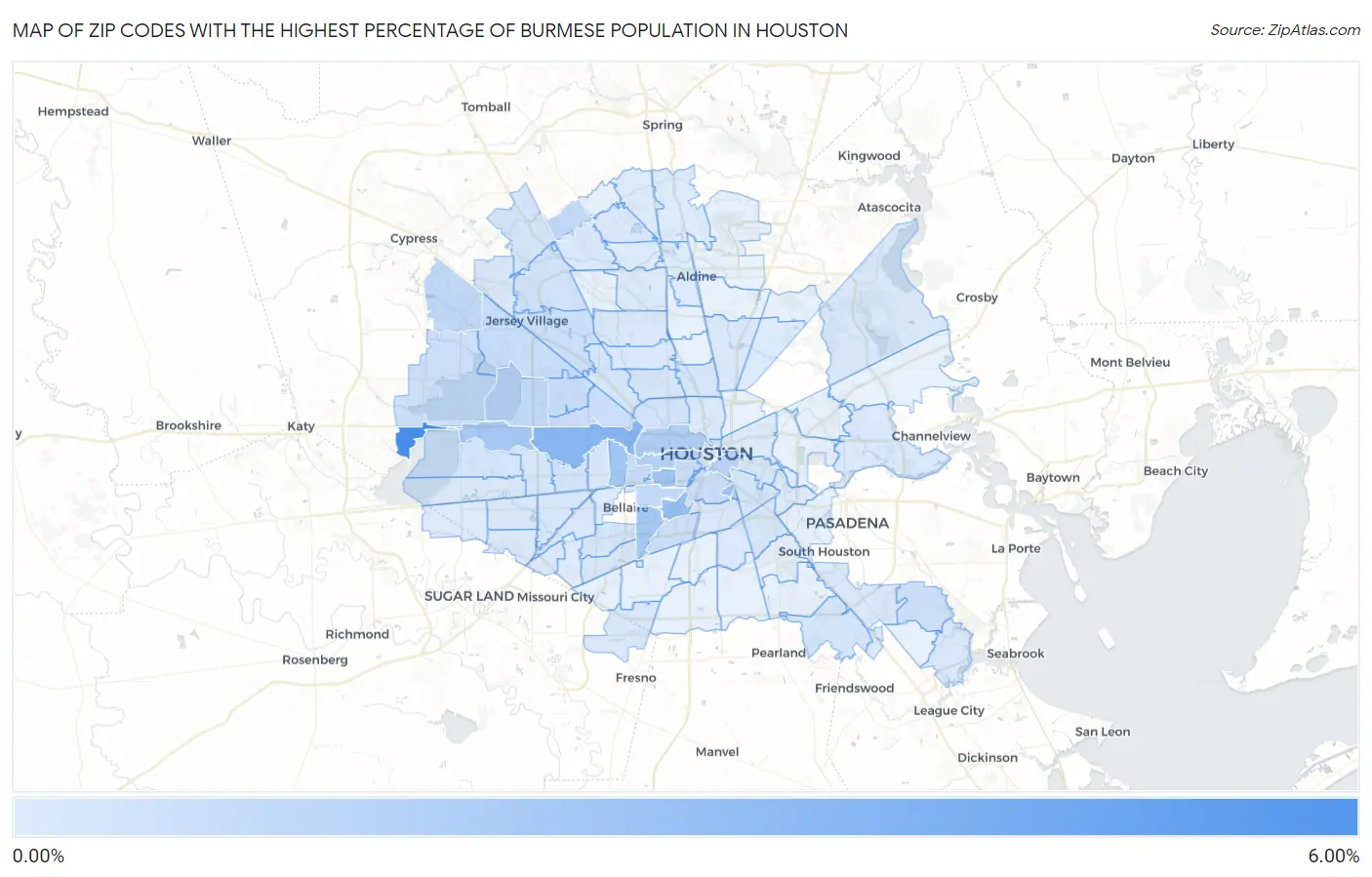 Zip Codes with the Highest Percentage of Burmese Population in Houston Map