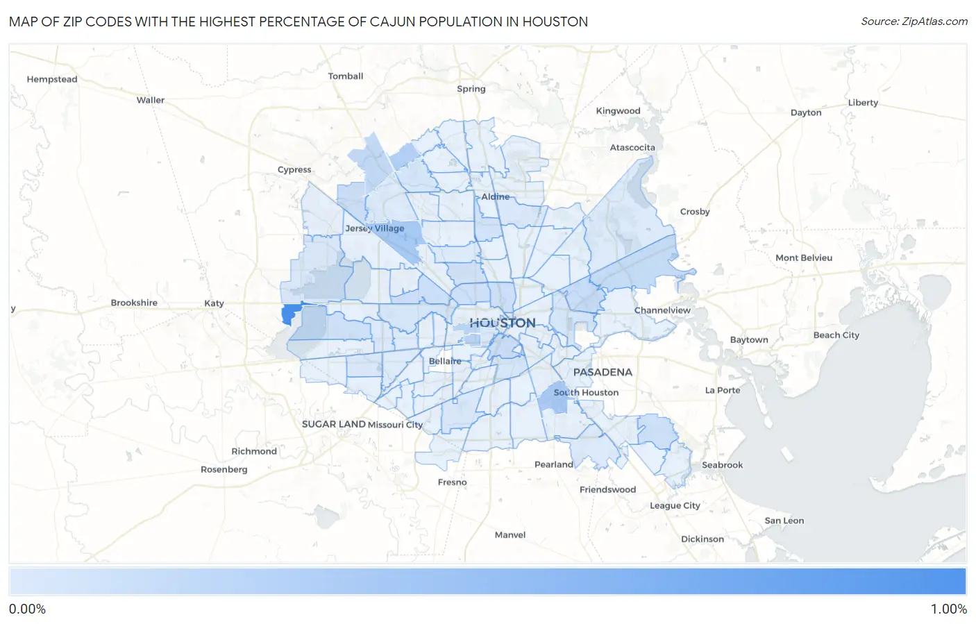 Zip Codes with the Highest Percentage of Cajun Population in Houston Map