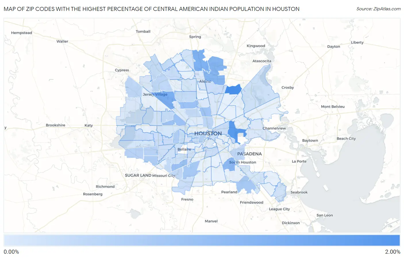 Zip Codes with the Highest Percentage of Central American Indian Population in Houston Map