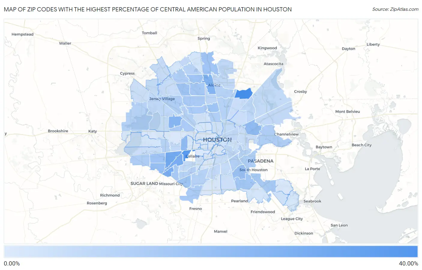 Zip Codes with the Highest Percentage of Central American Population in Houston Map