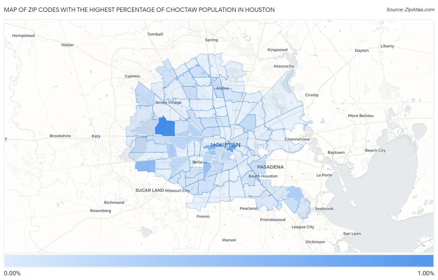 Zip Codes with the Highest Percentage of Choctaw Population in Houston Map