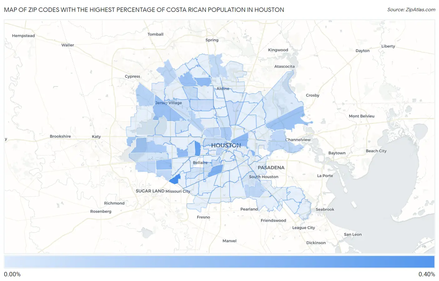 Zip Codes with the Highest Percentage of Costa Rican Population in Houston Map